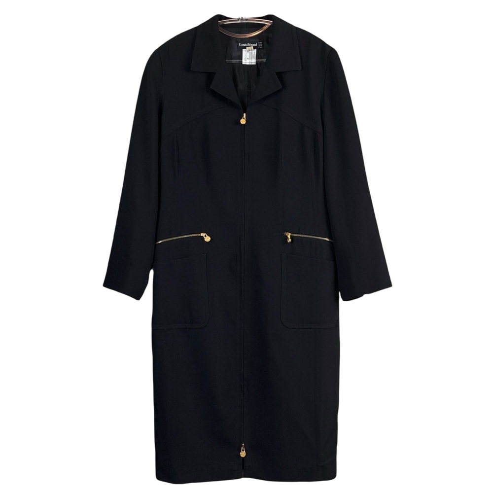Vtg Louis Feraud New Wool Long Blazer Zip Jacket Black Gold Size US 10